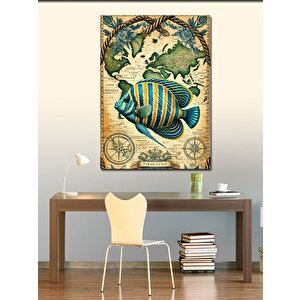 Kanvas Tablo Tropikal Balık Ve Dünya Haritası 70x100 cm