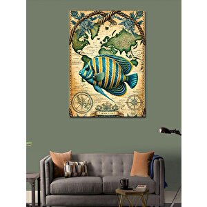 Kanvas Tablo Tropikal Balık Ve Dünya Haritası 70x100 cm