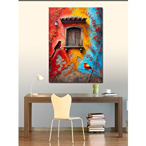 Kanvas Tablo Renkli Kuşlu Pencere 100x140 cm