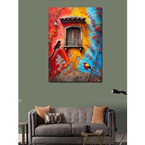 Kanvas Tablo Renkli Kuşlu Pencere 100x140 cm
