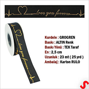 Grogren Kurdele Love You Altın Baskılı, 2,5cm X 23mt - Siyah