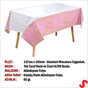Happy Birthday Altın Baskılı Masa Örtüsü, 137cm X 183cm - Pembe