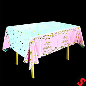 Happy Birthday Altın Baskılı Masa Örtüsü, 137cm X 183cm - Pembe