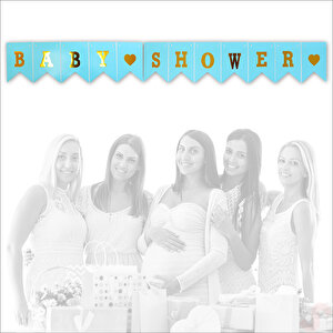 Baby Shower Altın Baskılı Bayrak Flama, 2 Mt - Mavi