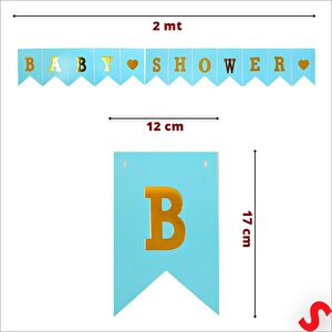 Baby Shower Altın Baskılı Bayrak Flama, 2 Mt - Mavi