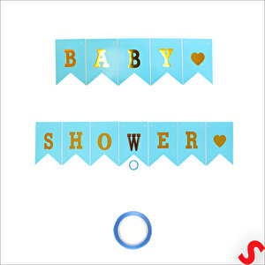 Baby Shower Altın Baskılı Bayrak Flama, 2 Mt - Mavi
