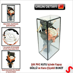 Pvc Kutulu Beyaz Lüks Güllü Kuru Çiçek Buketi,26cmx12cm