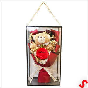 Pvc Kutulu,pelüş Ayıcık Ve Kırmızı Güllü Kuru Çiçek Buketi 32cmx18cm