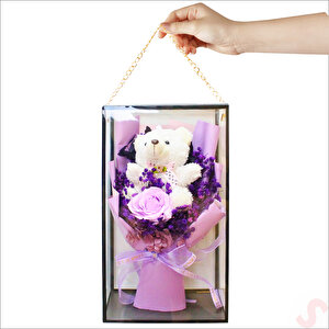 Pvc Kutulu,pelüş Ayıcık Ve Mor Güllü Kuru Çiçek Buketi 32cmx18cm