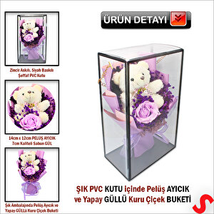 Pvc Kutulu,pelüş Ayıcık Ve Mor Güllü Kuru Çiçek Buketi 32cmx18cm