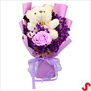 Pvc Kutulu,pelüş Ayıcık Ve Mor Güllü Kuru Çiçek Buketi 32cmx18cm