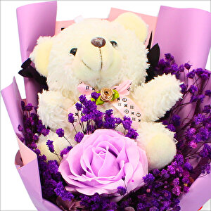 Pvc Kutulu,pelüş Ayıcık Ve Mor Güllü Kuru Çiçek Buketi 32cmx18cm