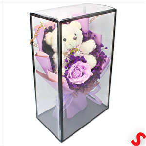 Pvc Kutulu,pelüş Ayıcık Ve Mor Güllü Kuru Çiçek Buketi 32cmx18cm