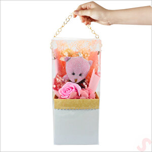 Pvc Kutulu,pelüş Ayıcık Ve Pembe Güllü Kuru Çiçek Buketi 26cmx11cm