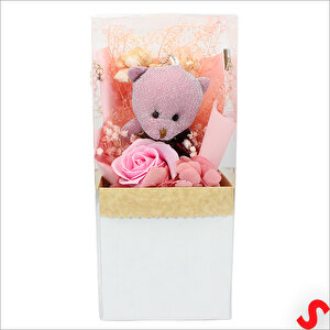 Pvc Kutulu,pelüş Ayıcık Ve Pembe Güllü Kuru Çiçek Buketi 26cmx11cm