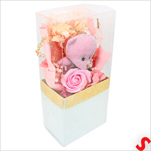 Pvc Kutulu,pelüş Ayıcık Ve Pembe Güllü Kuru Çiçek Buketi 26cmx11cm