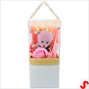 Pvc Kutulu,pelüş Ayıcık Ve Pembe Güllü Kuru Çiçek Buketi 26cmx11cm