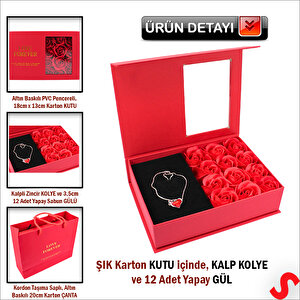 12 Adet Yapay Gül Ve Kalp Kolyeli, Çantalı Kutu Seti, Kırmızı