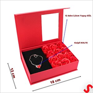 12 Adet Yapay Gül Ve Kalp Kolyeli, Çantalı Kutu Seti, Kırmızı