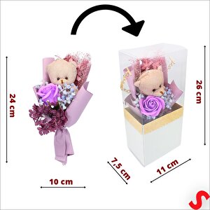 Pvc Kutulu,pelüş Ayıcık Ve Mor Güllü Kuru Çiçek Buketi 26cmx11cm
