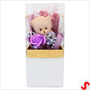 Pvc Kutulu,pelüş Ayıcık Ve Mor Güllü Kuru Çiçek Buketi 26cmx11cm