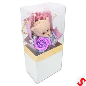 Pvc Kutulu,pelüş Ayıcık Ve Mor Güllü Kuru Çiçek Buketi 26cmx11cm