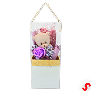 Pvc Kutulu,pelüş Ayıcık Ve Mor Güllü Kuru Çiçek Buketi 26cmx11cm