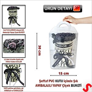 Pvc Kutulu Özel Siyah Lüks Yapay Gül Buketi - 30cm X 15cm
