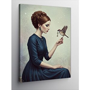 Kanvas Tablo Kuş Ve Zarif Kadın Portresi 50x70 cm