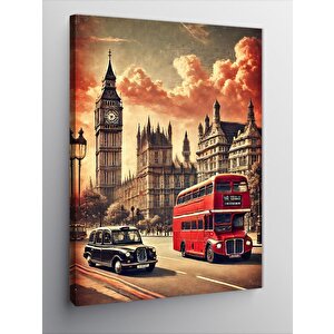Kanvas Tablo Londra, Big Ben Ve Kırmızı Otobüs 50x70 cm
