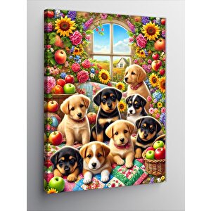 Kanvas Tablo Sevimli Köpek Yavruları Ve Neşeli Renkler 100x140 cm