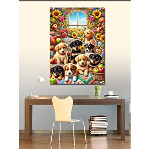 Kanvas Tablo Sevimli Köpek Yavruları Ve Neşeli Renkler 100x140 cm