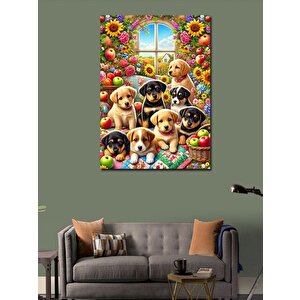 Kanvas Tablo Sevimli Köpek Yavruları Ve Neşeli Renkler 100x140 cm