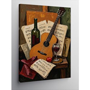 Kanvas Tablo Şarap, Gitar Ve Nota Tasarımı 70x100 cm