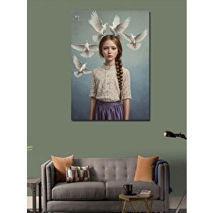 Kanvas Tablo Barış Güvercinleri Ve Genç Kız 100x140 cm
