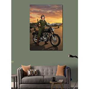 Kanvas Tablo Kadın Asker Ve Motosiklet 70x100 cm