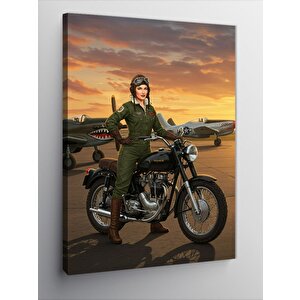 Kanvas Tablo Kadın Asker Ve Motosiklet 100x140 cm