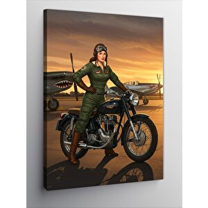 Kanvas Tablo Askeri Kadın Ve Motosiklet 50x70 cm