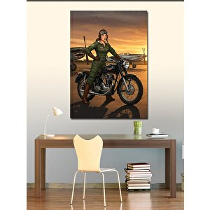 Kanvas Tablo Askeri Kadın Ve Motosiklet 50x70 cm