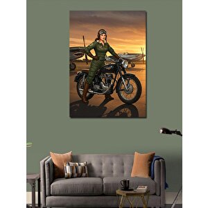 Kanvas Tablo Askeri Kadın Ve Motosiklet 50x70 cm