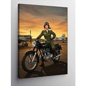 Kanvas Tablo Motosiklet Süren Askeri Kadın 70x100 cm