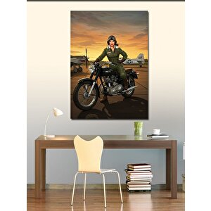 Kanvas Tablo Motosiklet Süren Askeri Kadın 100x140 cm