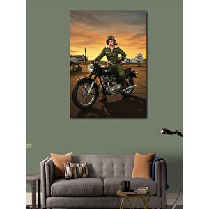 Kanvas Tablo Motosiklet Süren Askeri Kadın 100x140 cm