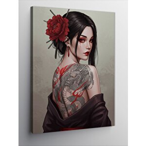 Kanvas Tablo Kırmızı Gül Ve Dövmeli Kadın 100x140 cm