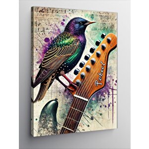 Kanvas Tablo Gitar Ve Renkli Kuş 100x140 cm