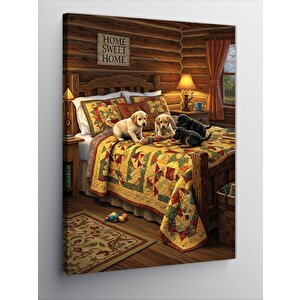 Kanvas Tablo Ahşap Odada Uyuyan Köpek 70x100 cm