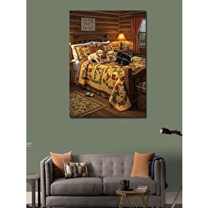 Kanvas Tablo Ahşap Odada Uyuyan Köpek 70x100 cm