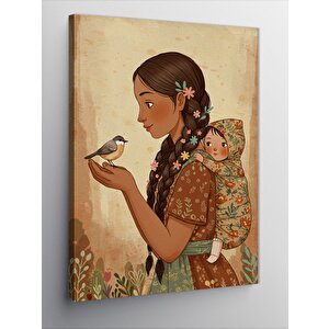 Kanvas Tablo Anne Ve Çocuk İle Kuşlar 100x140 cm