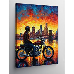 Kanvas Tablo Şehirde Motosiklet Ve Gün Batımı 70x100 cm