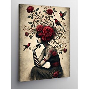Kanvas Tablo Güllü Kadın Ve Kuş 70x100 cm